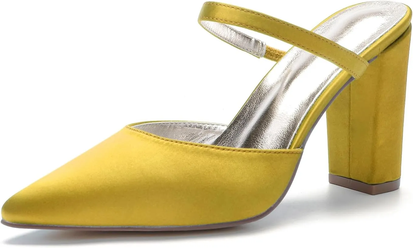 Satin Women's Block Heel Pointed 9CM Bridal Slip-On Sandals Shoes Wedding Backless Slingback for Prom Party Pump Dress Closed Toe