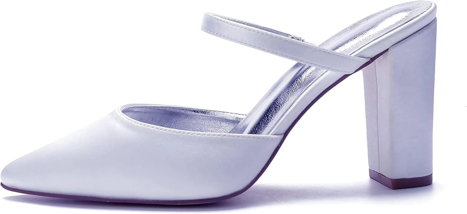 Satin Women's Block Heel Pointed 9CM Bridal Slip-On Sandals Shoes Wedding Backless Slingback for Prom Party Pump Dress Closed Toe