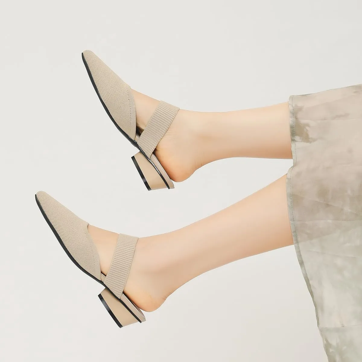 Semwiss Pointed Toe Mules for Women Chunky Low Heeled Sandals Breathable Backless Mesh Knit Slip on Loafers