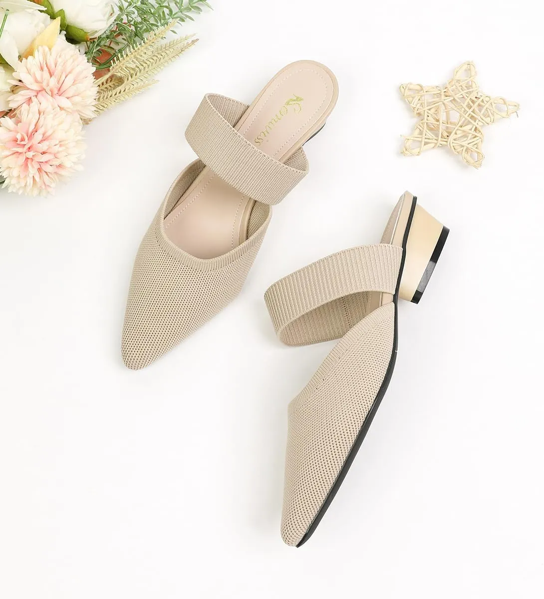 Semwiss Pointed Toe Mules for Women Chunky Low Heeled Sandals Breathable Backless Mesh Knit Slip on Loafers