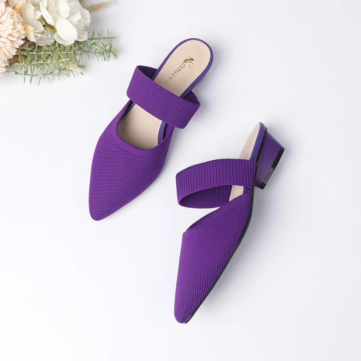 Semwiss Pointed Toe Mules for Women Chunky Low Heeled Sandals Breathable Backless Mesh Knit Slip on Loafers