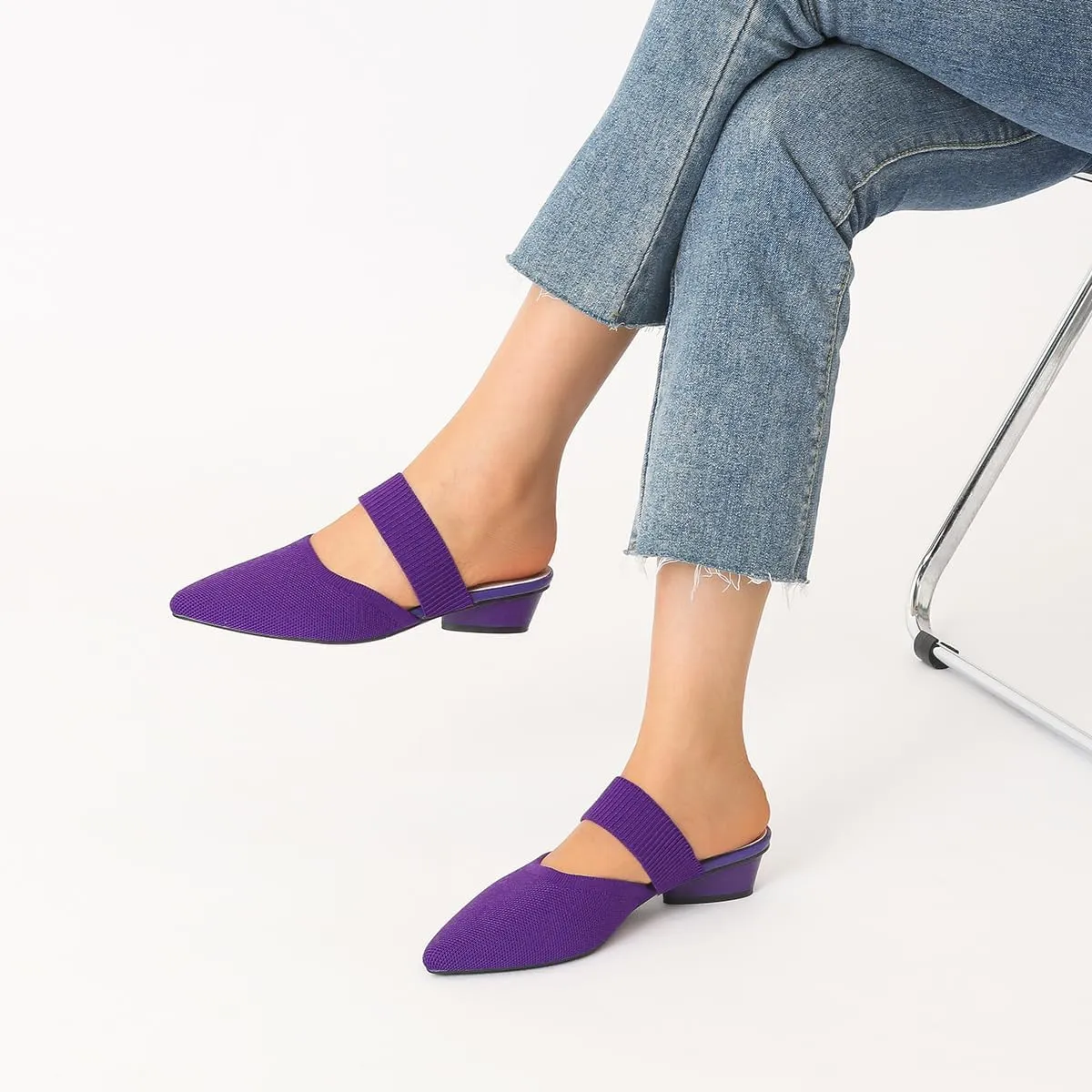Semwiss Pointed Toe Mules for Women Chunky Low Heeled Sandals Breathable Backless Mesh Knit Slip on Loafers