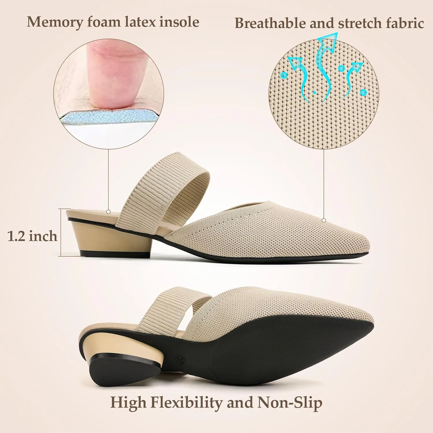 Semwiss Pointed Toe Mules for Women Chunky Low Heeled Sandals Breathable Backless Mesh Knit Slip on Loafers