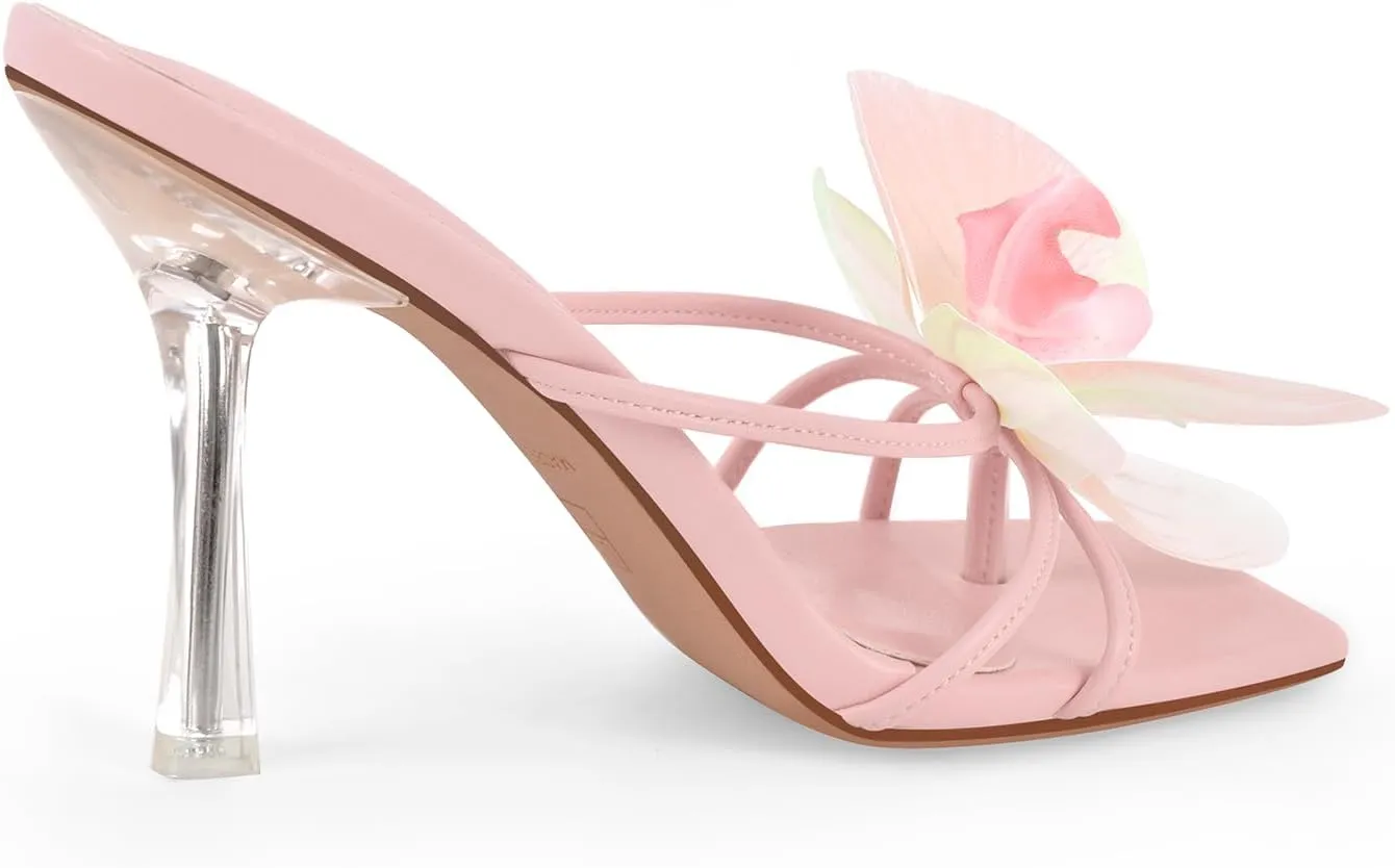 sexytag Clear Kitten Heels Floral Print Thong Sandals Slip On Flower Stiletto Heels Open Toe Mules