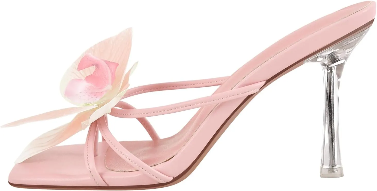 sexytag Clear Kitten Heels Floral Print Thong Sandals Slip On Flower Stiletto Heels Open Toe Mules