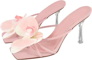 sexytag Clear Kitten Heels Floral Print Thong Sandals Slip On Flower Stiletto Heels Open Toe Mules