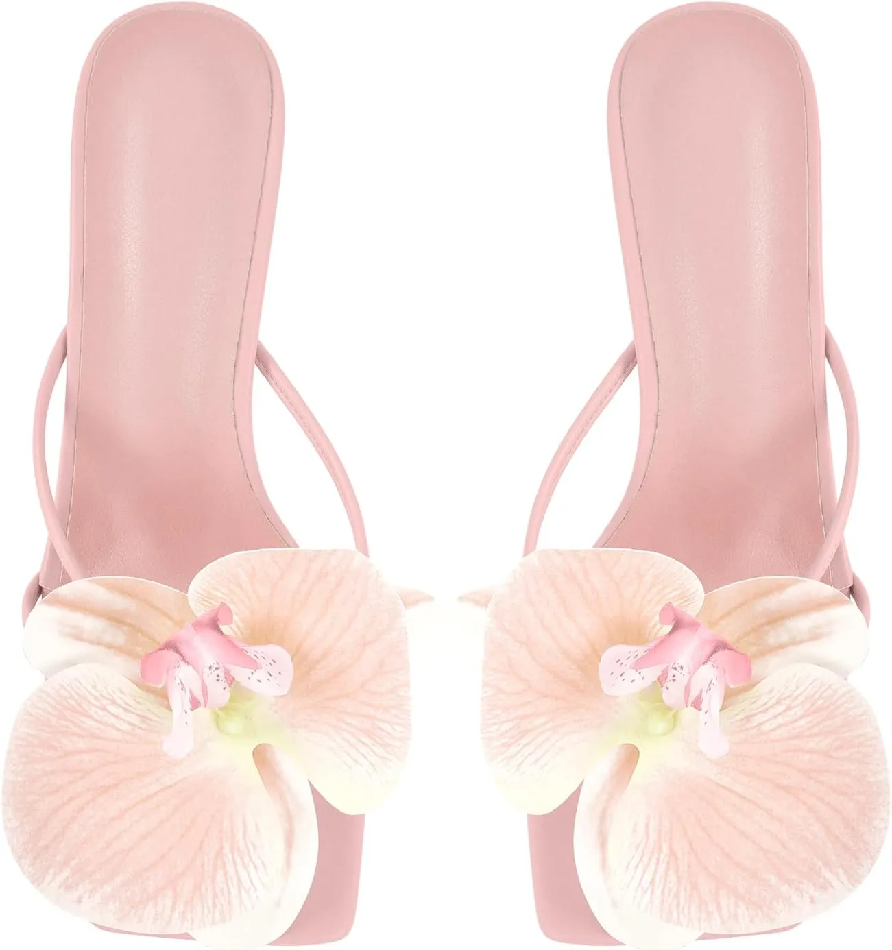 sexytag Clear Kitten Heels Floral Print Thong Sandals Slip On Flower Stiletto Heels Open Toe Mules