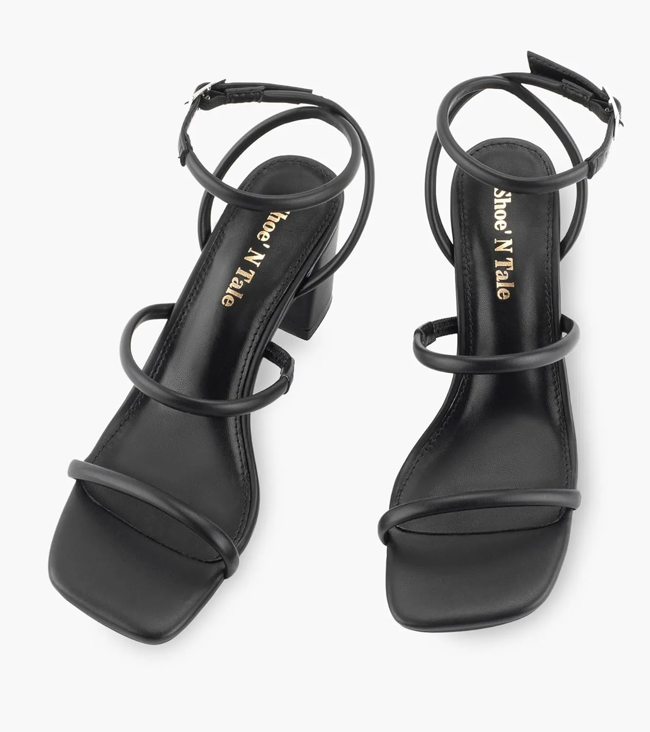 Shoe'N Tale Strappy Heels for Women Ankle Buckle Chunky Heels Square Toe Heeled Sandals