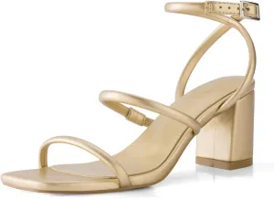 Shoe'N Tale Strappy Heels for Women Ankle Buckle Chunky Heels Square Toe Heeled Sandals