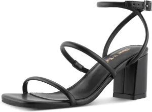 Shoe'N Tale Strappy Heels for Women Ankle Buckle Chunky Heels Square Toe Heeled Sandals