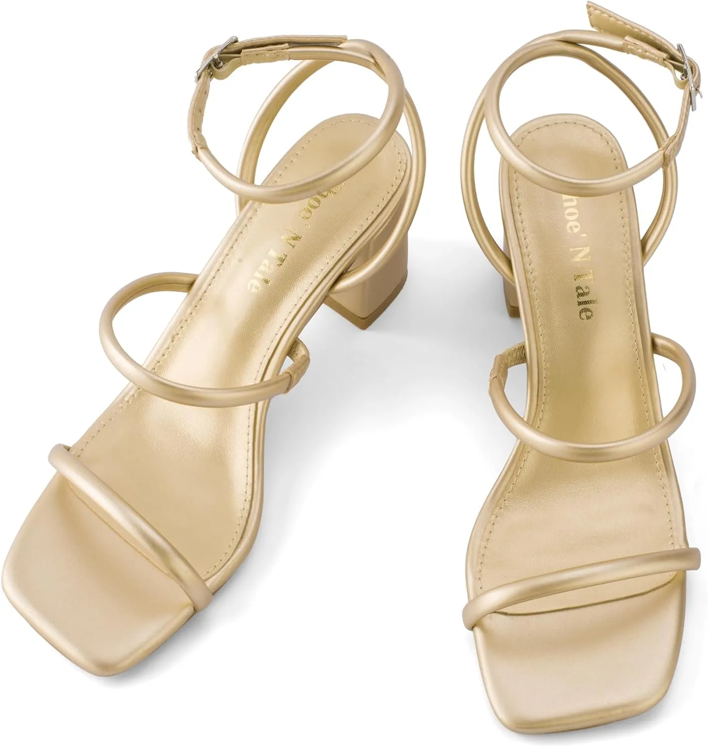 Shoe'N Tale Strappy Heels for Women Ankle Buckle Chunky Heels Square Toe Heeled Sandals