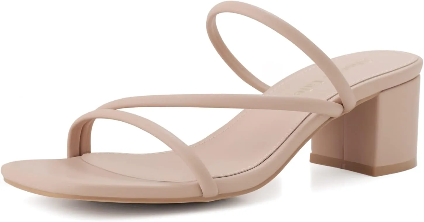 Shoe'N Tale Strappy Heels For Women Low Chunky Block Heel Heeled Sandals Square Open Toe Slip On Slides Mules