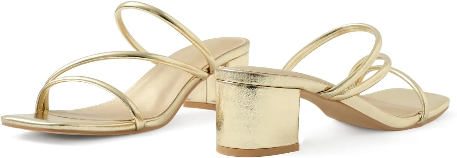 Shoe'N Tale Strappy Heels For Women Low Chunky Block Heel Heeled Sandals Square Open Toe Slip On Slides Mules