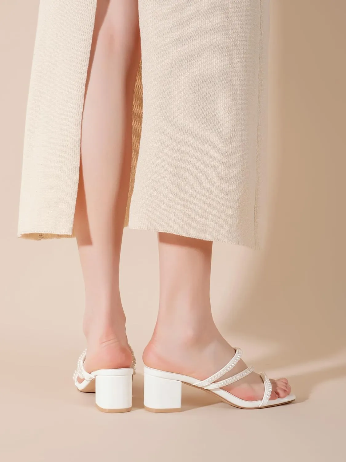 Shoe'N Tale Strappy Heels For Women Low Chunky Block Heel Heeled Sandals Square Open Toe Slip On Slides Mules