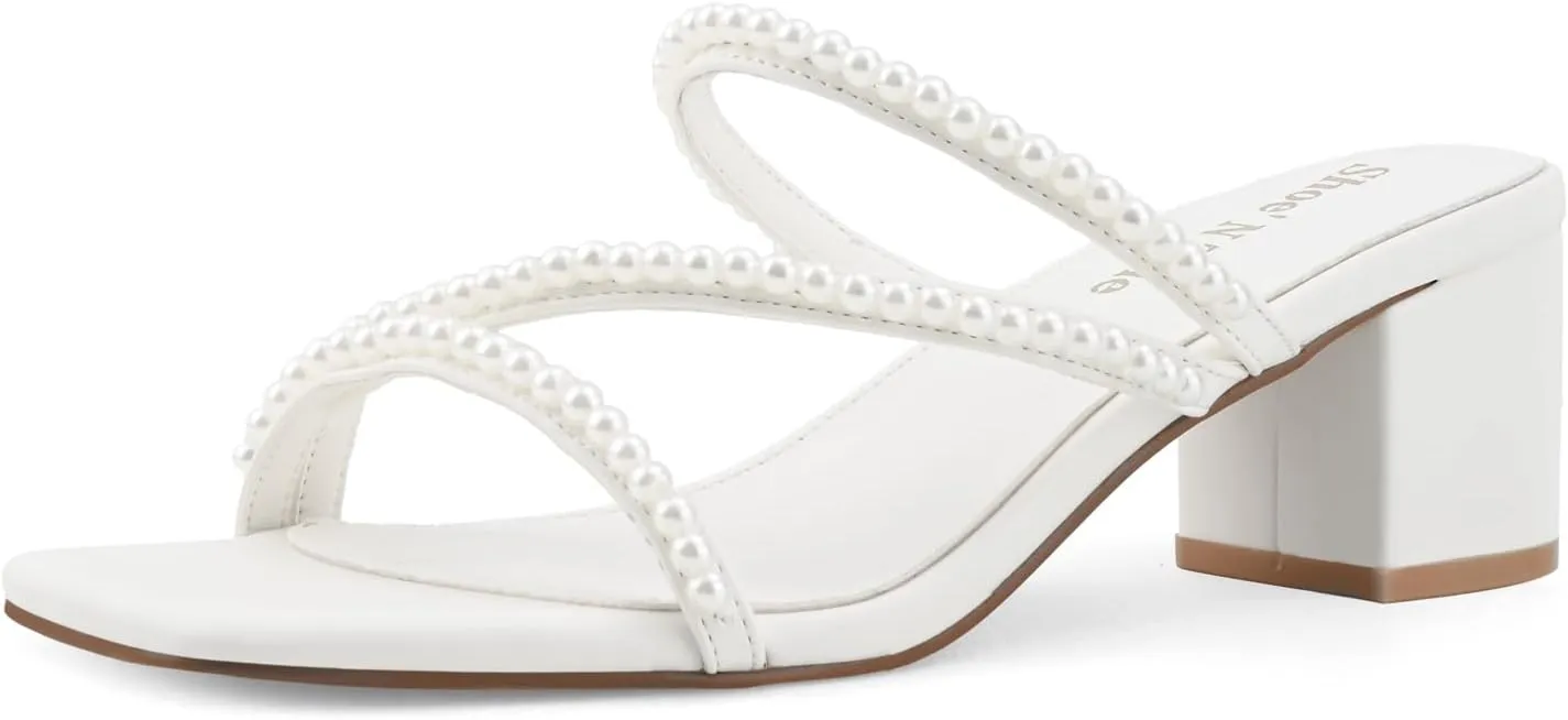 Shoe'N Tale Strappy Heels For Women Low Chunky Block Heel Heeled Sandals Square Open Toe Slip On Slides Mules
