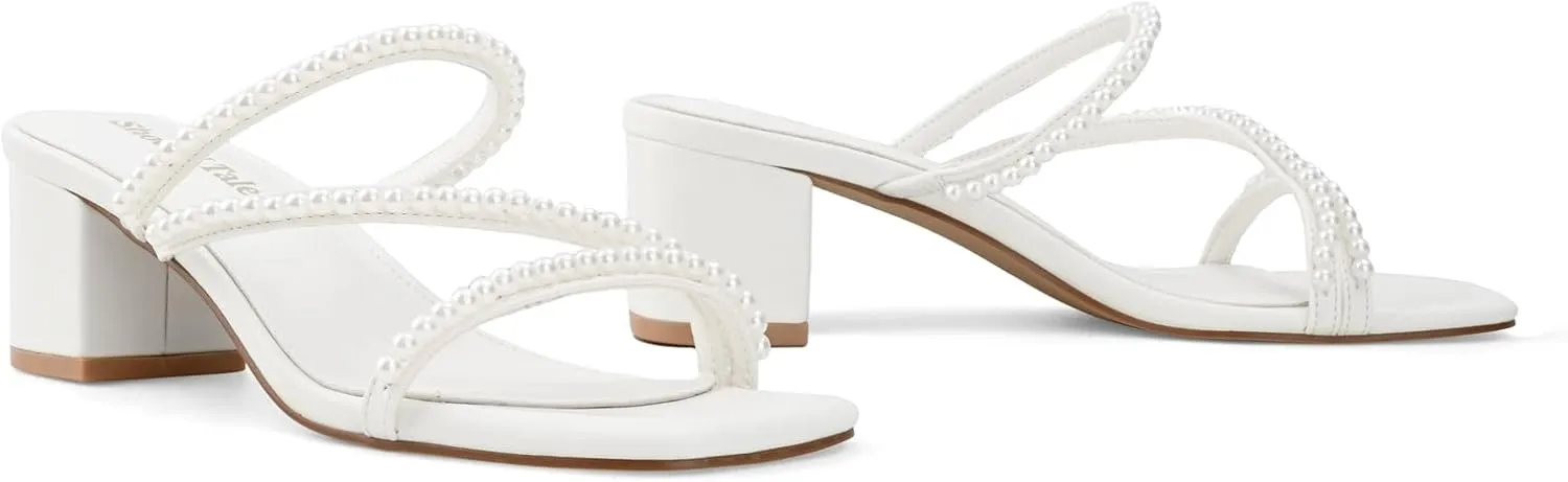 Shoe'N Tale Strappy Heels For Women Low Chunky Block Heel Heeled Sandals Square Open Toe Slip On Slides Mules