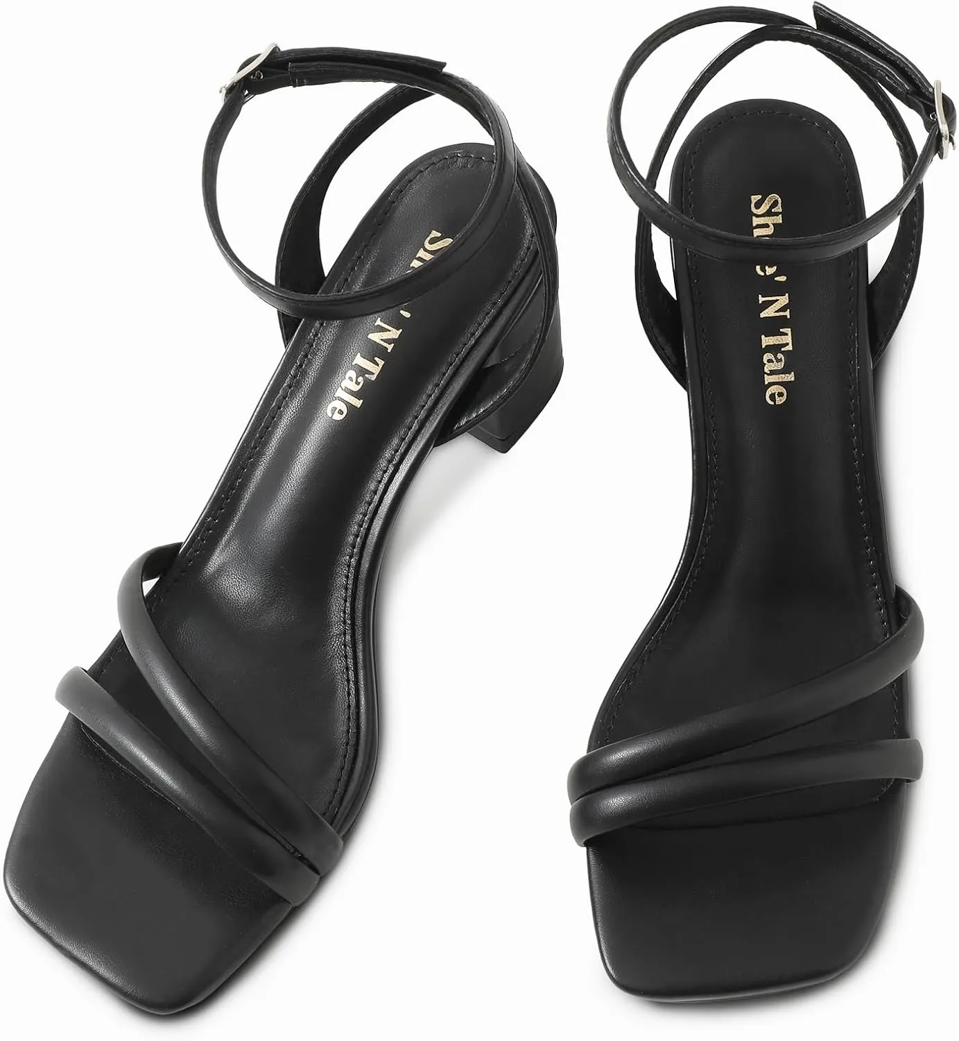 Shoe'N Tale Strappy Heels for Women Square Toe Chunky Block Heels Ankle Buckle Heeled Sandals