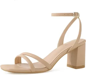 Shoe'N Tale Strappy Heels for Women Square Toe Chunky Block Heels Ankle Buckle Heeled Sandals