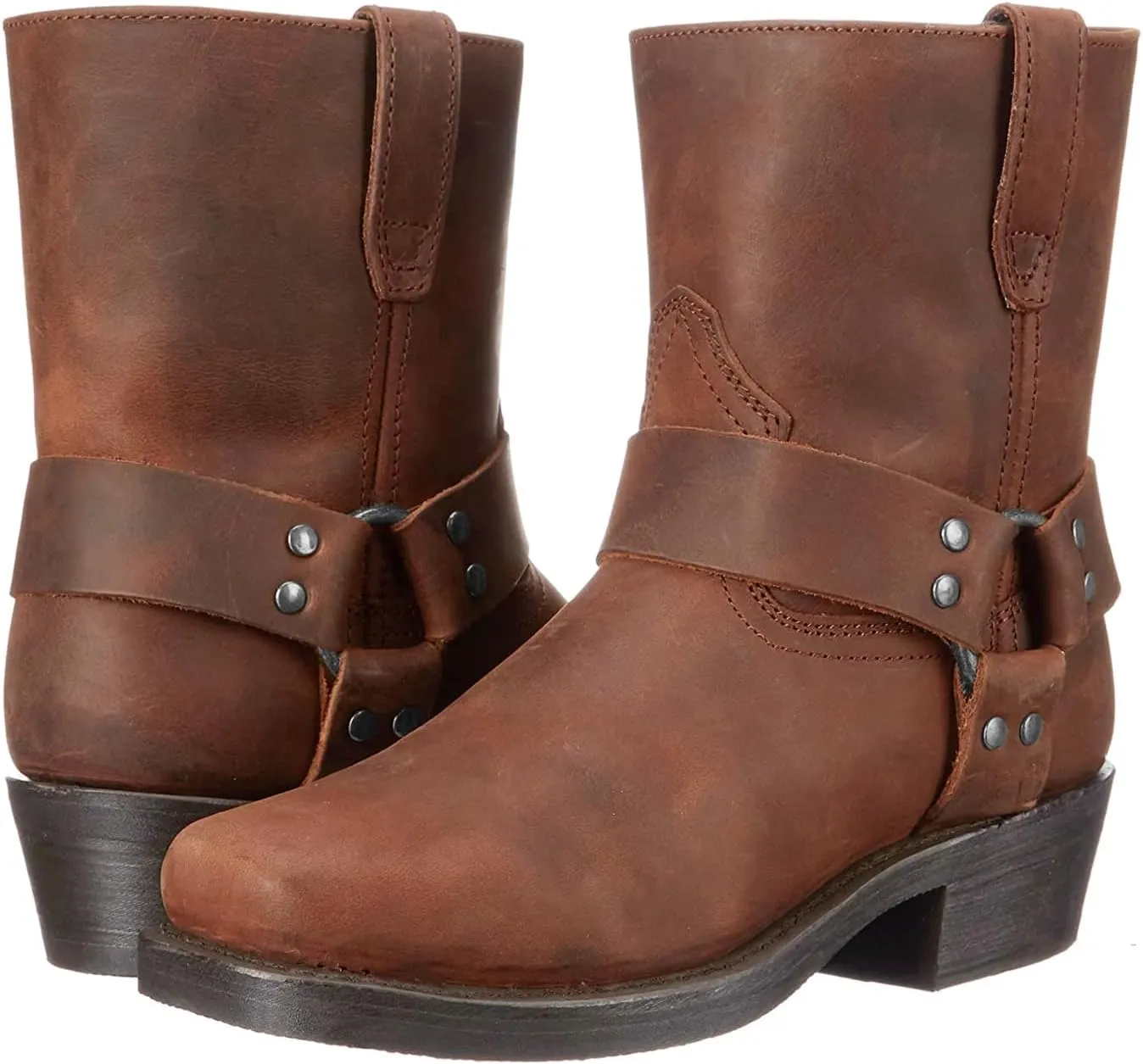 Short Harness Straps Square Toe Pull On Ankle Boot