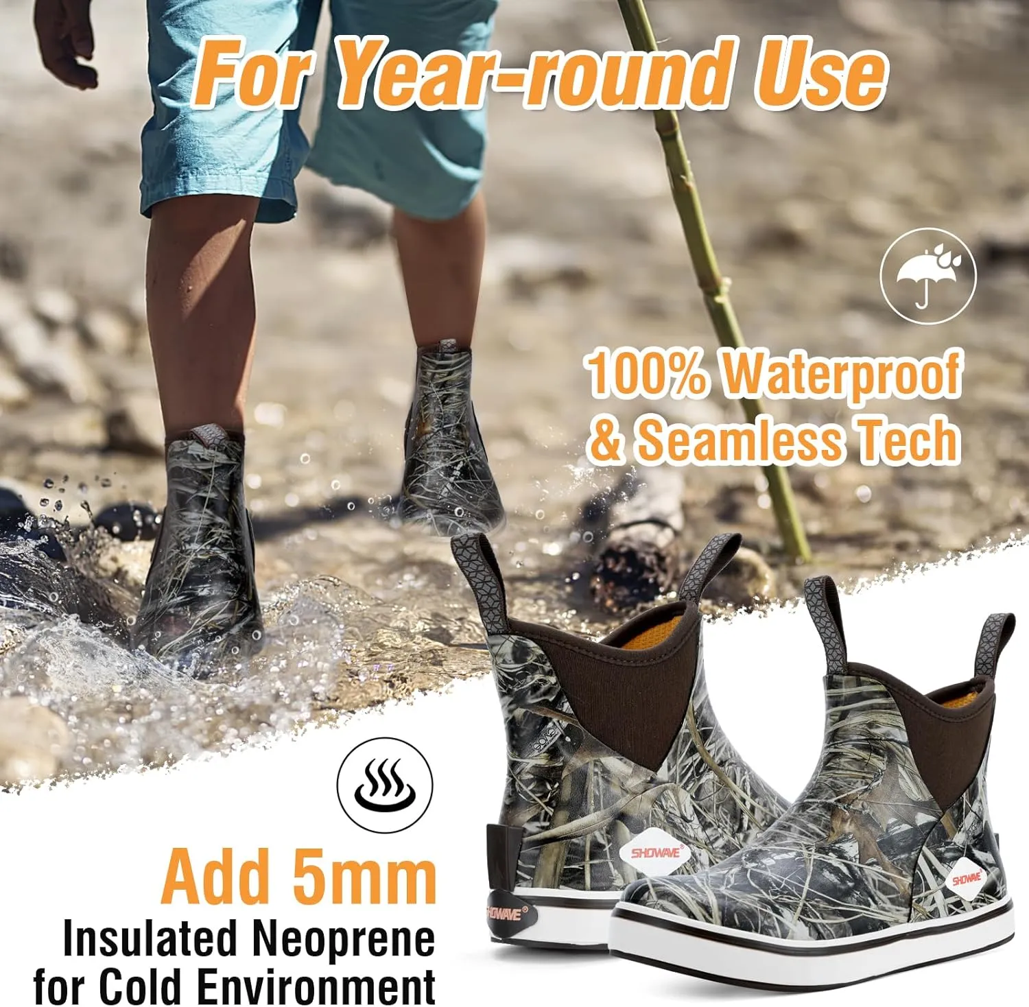 Showave Kid's Deck Boots Waterproof Ankle Rain Boots for Boys Girls Insulated Neoprene Rubber Boots Non-slip Child Rain Shoes