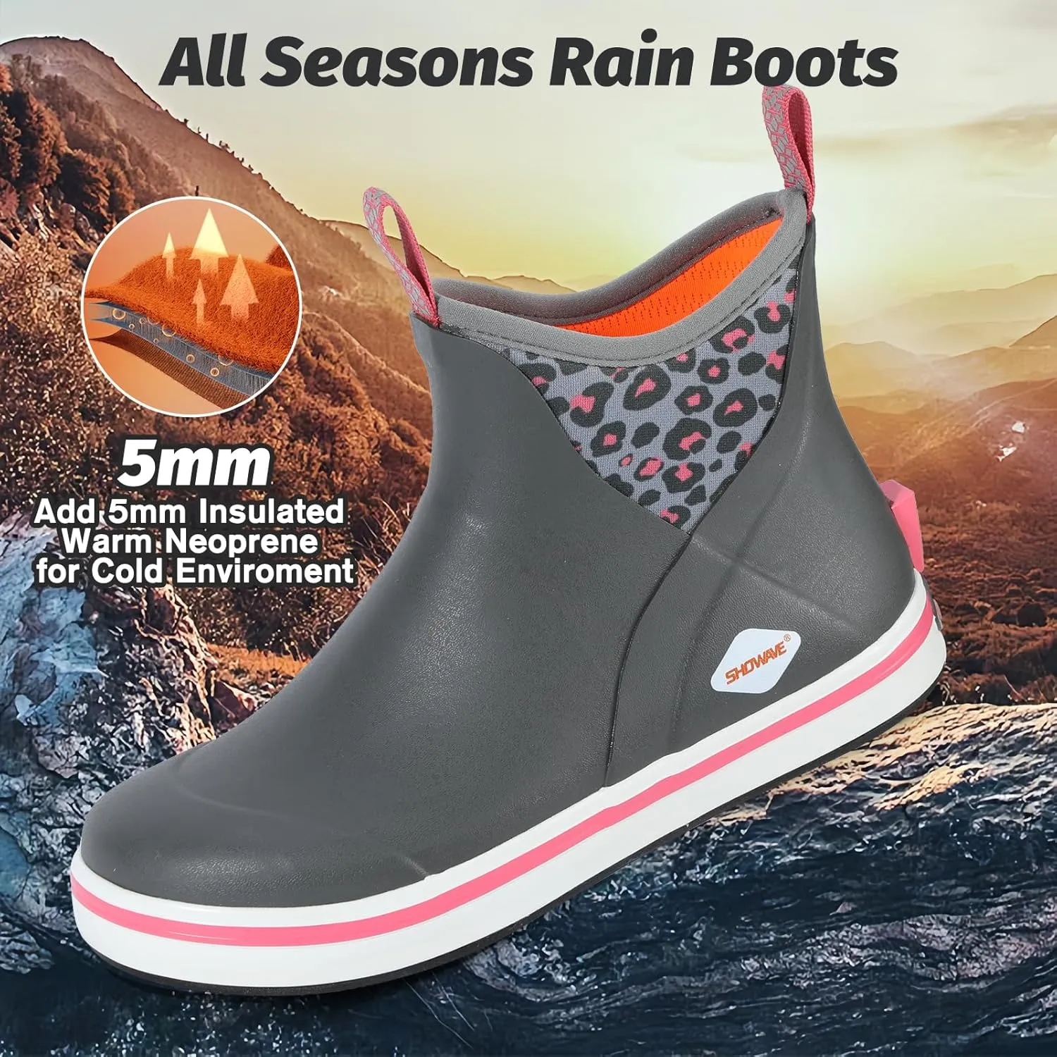 Showave Kid's Deck Boots Waterproof Ankle Rain Boots for Boys Girls Insulated Neoprene Rubber Boots Non-slip Child Rain Shoes