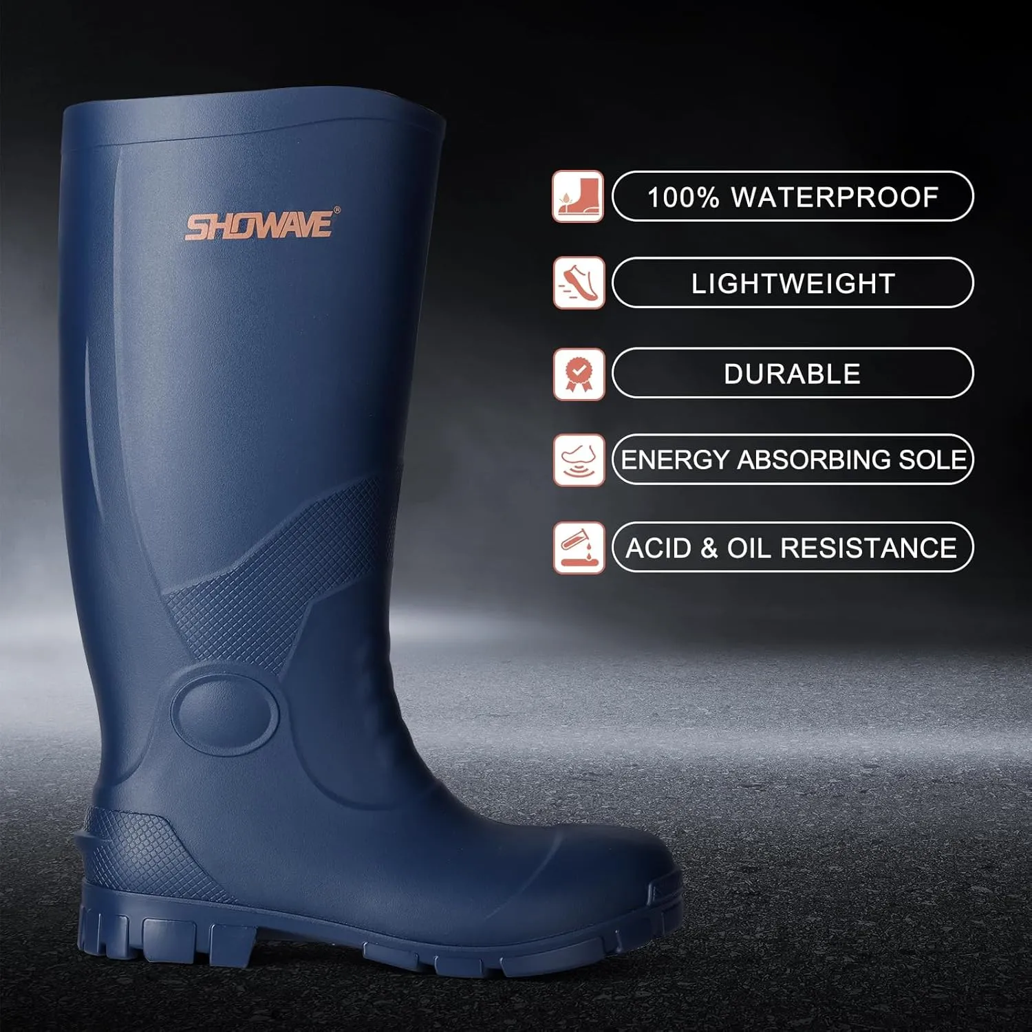 Showave Men's Rain Boots with Reinforced Steel Shank Waterproof Rubber Boots Durable Concrete Boot Outdoor Work Boots Lightweight Mud Boots Plain Toe for Agriculture Industrial