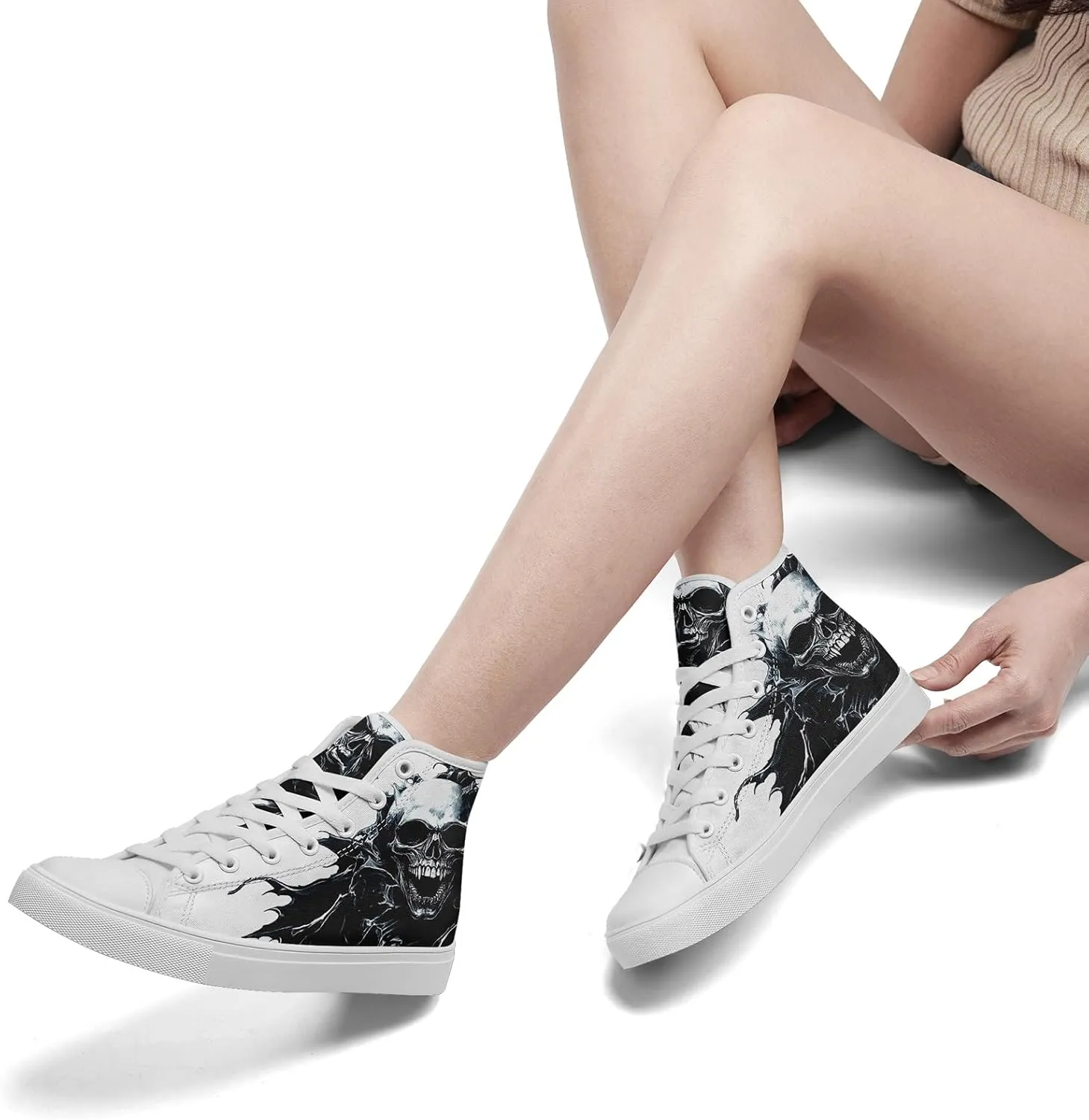 Skull Shoes High Top Canvas Sneakers for Men Women Classic Lace up Casual Trainers Plimsoles Flat Shoes Gothic Walking Streetwear