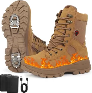 Snow Boots with Heating Function, Heated Shoes, Warmer Heated Boots, with 5000mAh Rechargeable Battery, Anti Skid Shoes with Steel Spikes, Waterproof Leather Surface, Fuzz Lining