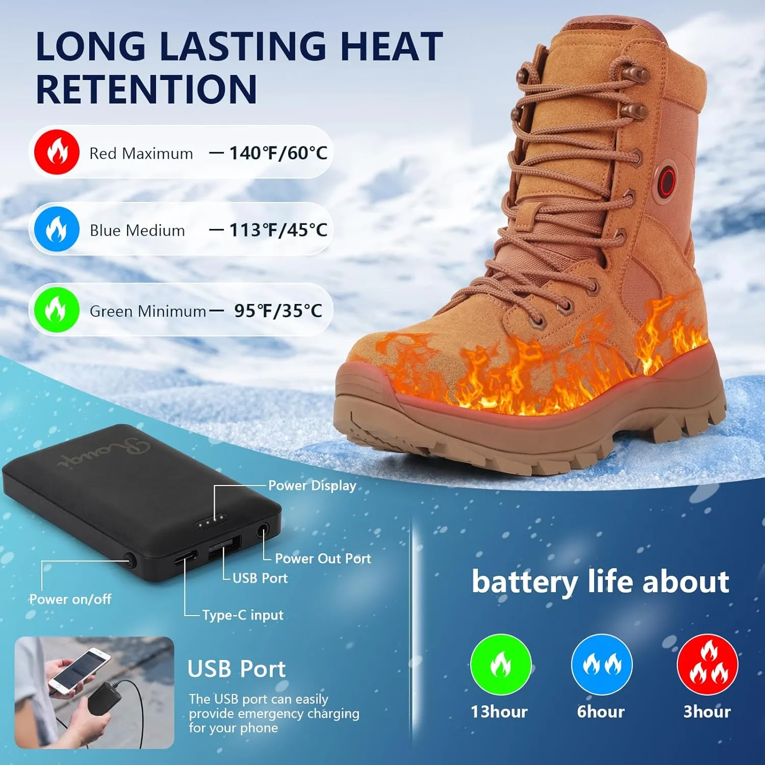Snow Boots with Heating Function, Heated Shoes, Warmer Heated Boots, with 5000mAh Rechargeable Battery, Anti Skid Shoes with Steel Spikes, Waterproof Leather Surface, Fuzz Lining