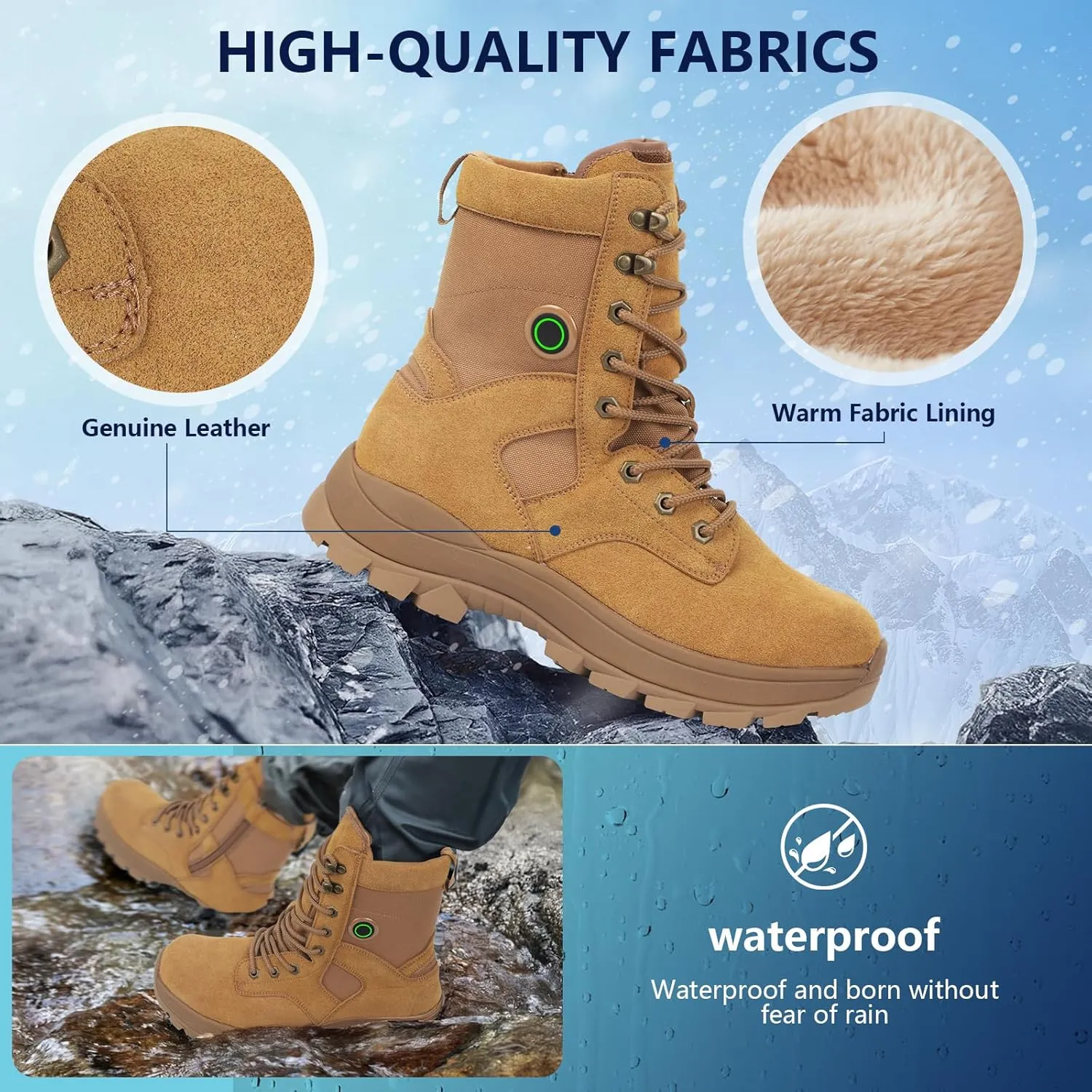 Snow Boots with Heating Function, Heated Shoes, Warmer Heated Boots, with 5000mAh Rechargeable Battery, Anti Skid Shoes with Steel Spikes, Waterproof Leather Surface, Fuzz Lining