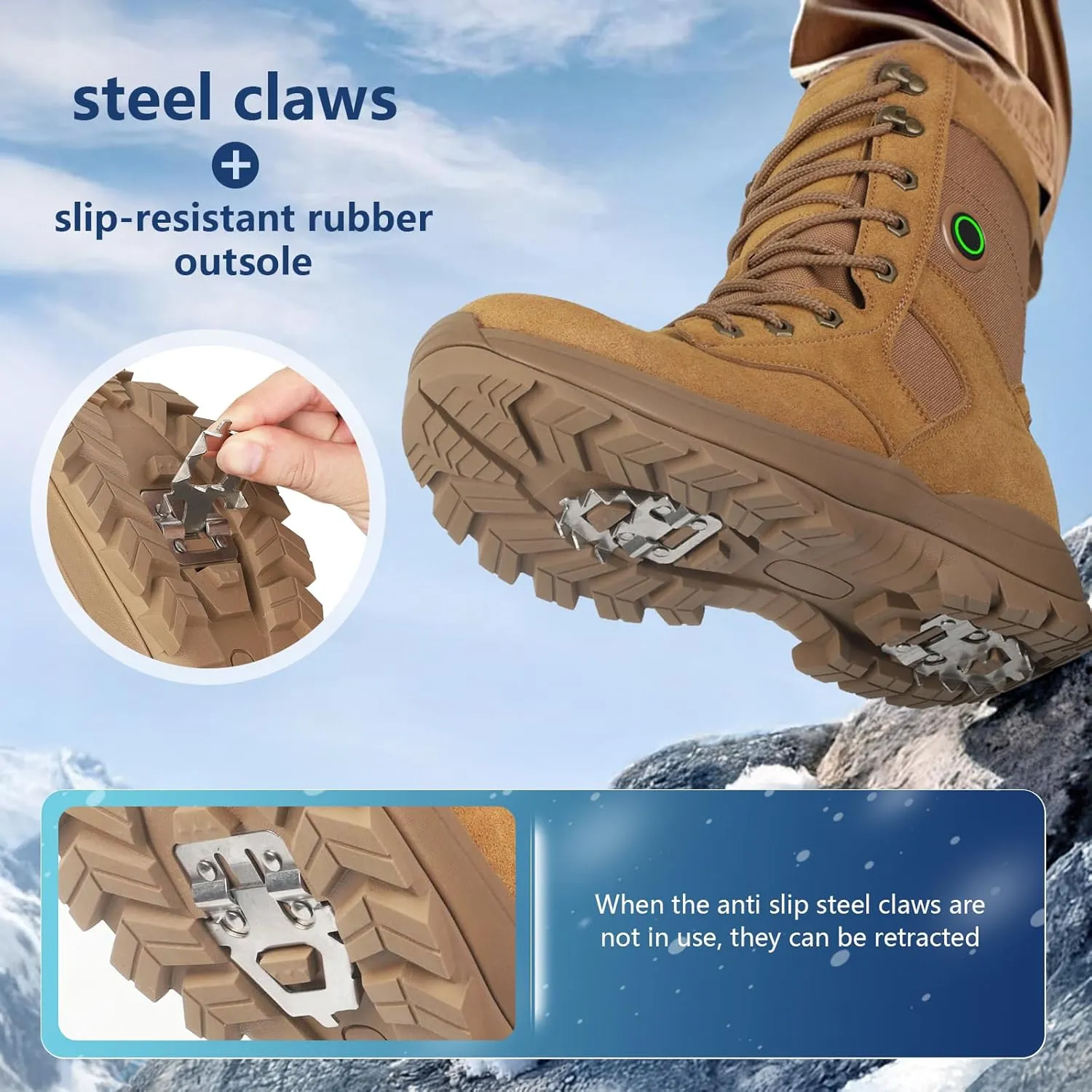 Snow Boots with Heating Function, Heated Shoes, Warmer Heated Boots, with 5000mAh Rechargeable Battery, Anti Skid Shoes with Steel Spikes, Waterproof Leather Surface, Fuzz Lining