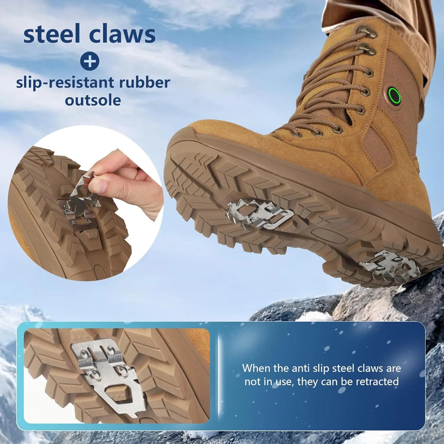 Snow Boots with Heating Function, Heated Shoes, Warmer Heated Boots, with 5000mAh Rechargeable Battery, Anti Skid Shoes with Steel Spikes, Waterproof Leather Surface, Fuzz Lining