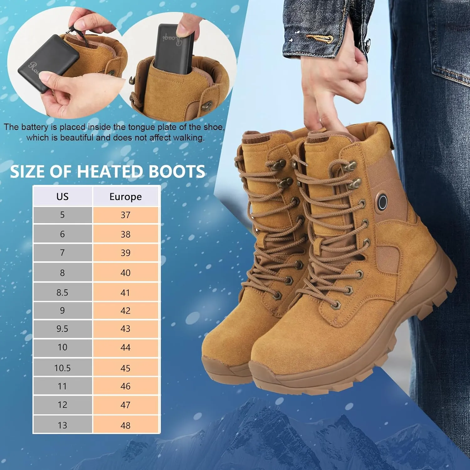 Snow Boots with Heating Function, Heated Shoes, Warmer Heated Boots, with 5000mAh Rechargeable Battery, Anti Skid Shoes with Steel Spikes, Waterproof Leather Surface, Fuzz Lining