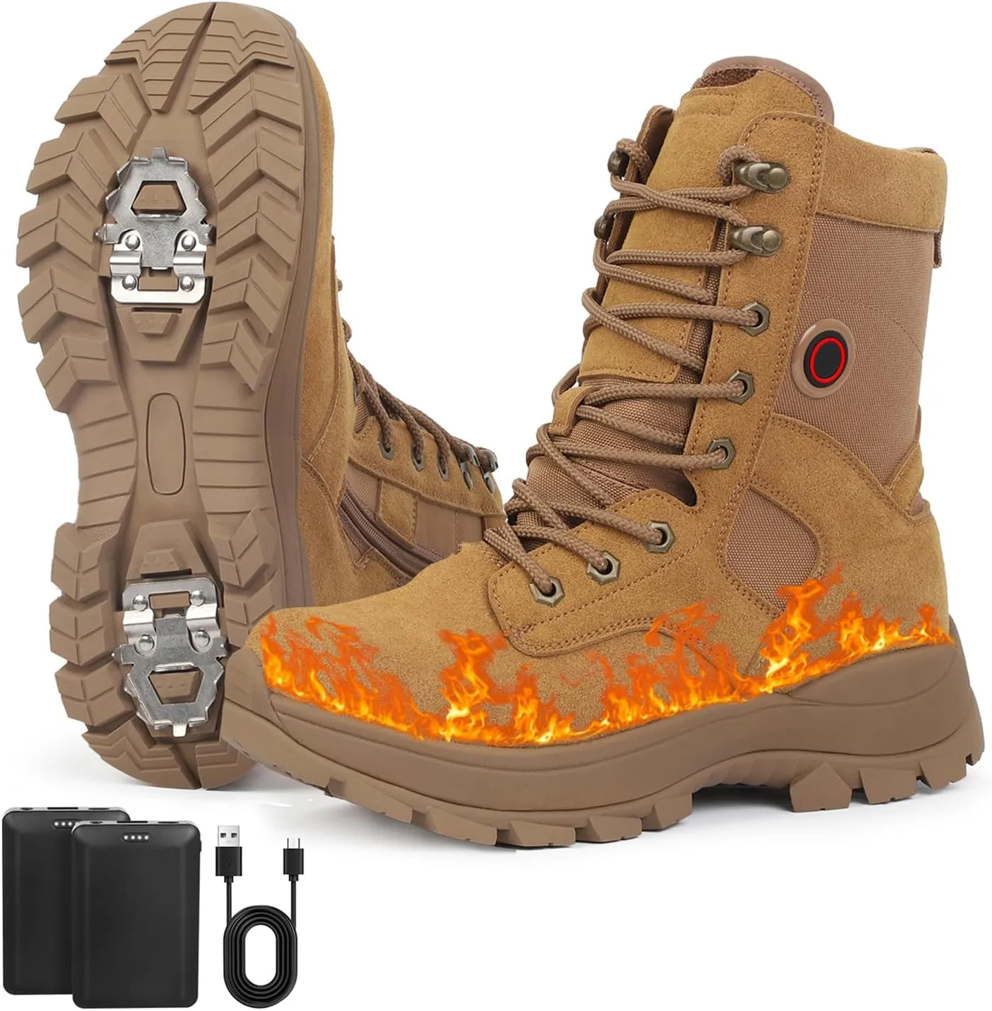 Snow Boots with Heating Function, Heated Shoes, Warmer Heated Boots, with 5000mAh Rechargeable Battery, Anti Skid Shoes with Steel Spikes, Waterproof Leather Surface, Fuzz Lining