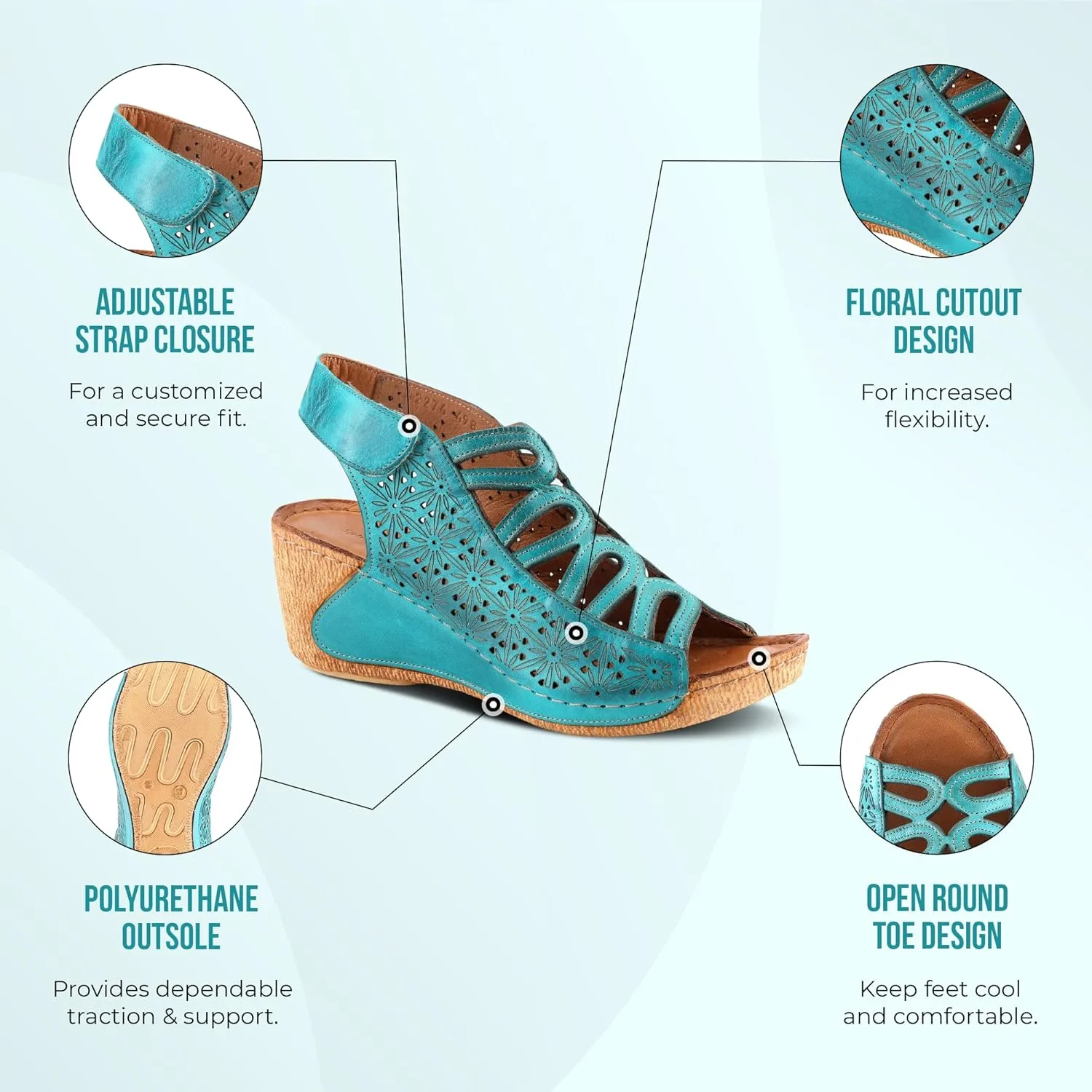 Spring Step Inocencia Women's Leather Wedge Sandals | Low Heel Sandals for Women with Floral Laser Cut Design, Hook and Loop Strap, Mediterranean Style