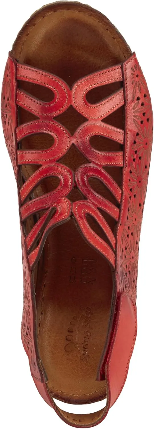 Spring Step Inocencia Women's Leather Wedge Sandals | Low Heel Sandals for Women with Floral Laser Cut Design, Hook and Loop Strap, Mediterranean Style