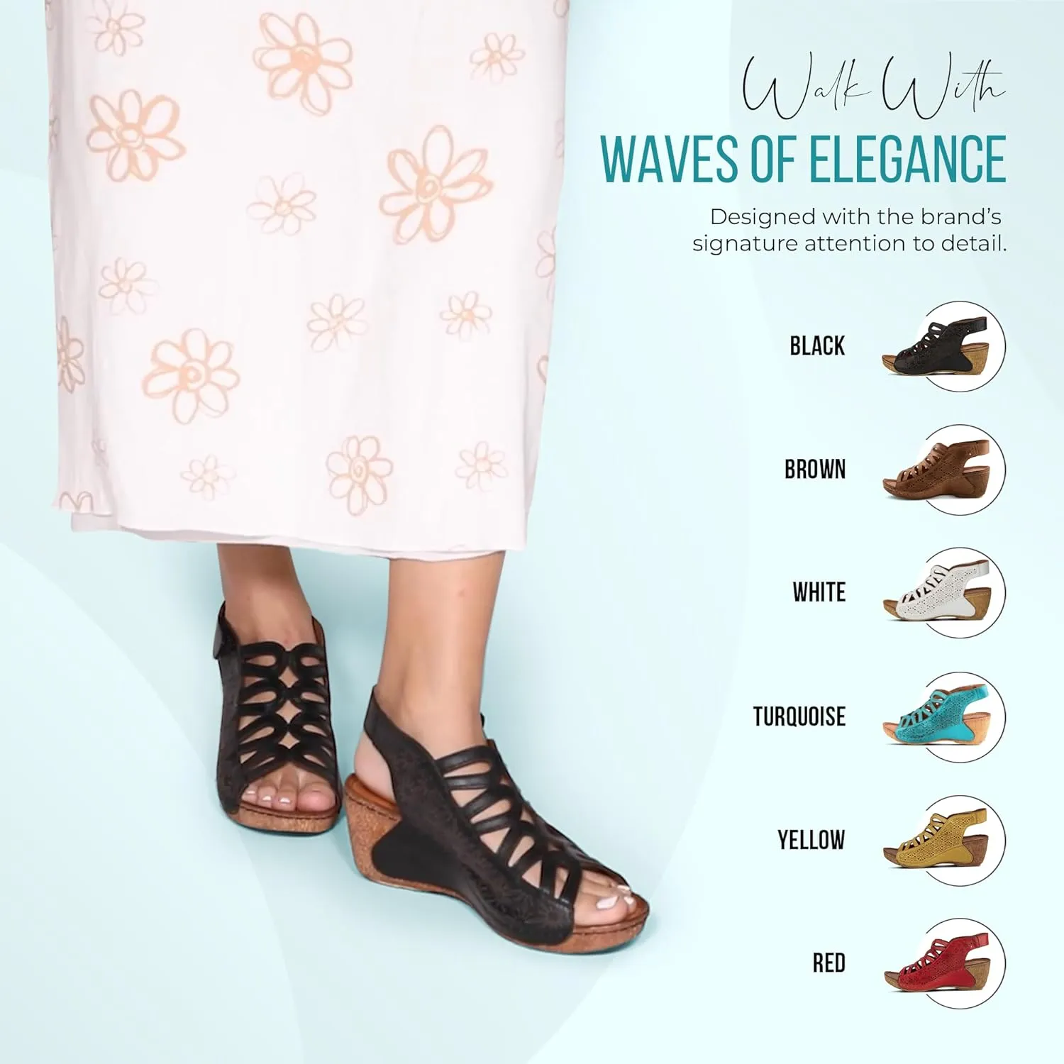 Spring Step Inocencia Women's Leather Wedge Sandals | Low Heel Sandals for Women with Floral Laser Cut Design, Hook and Loop Strap, Mediterranean Style