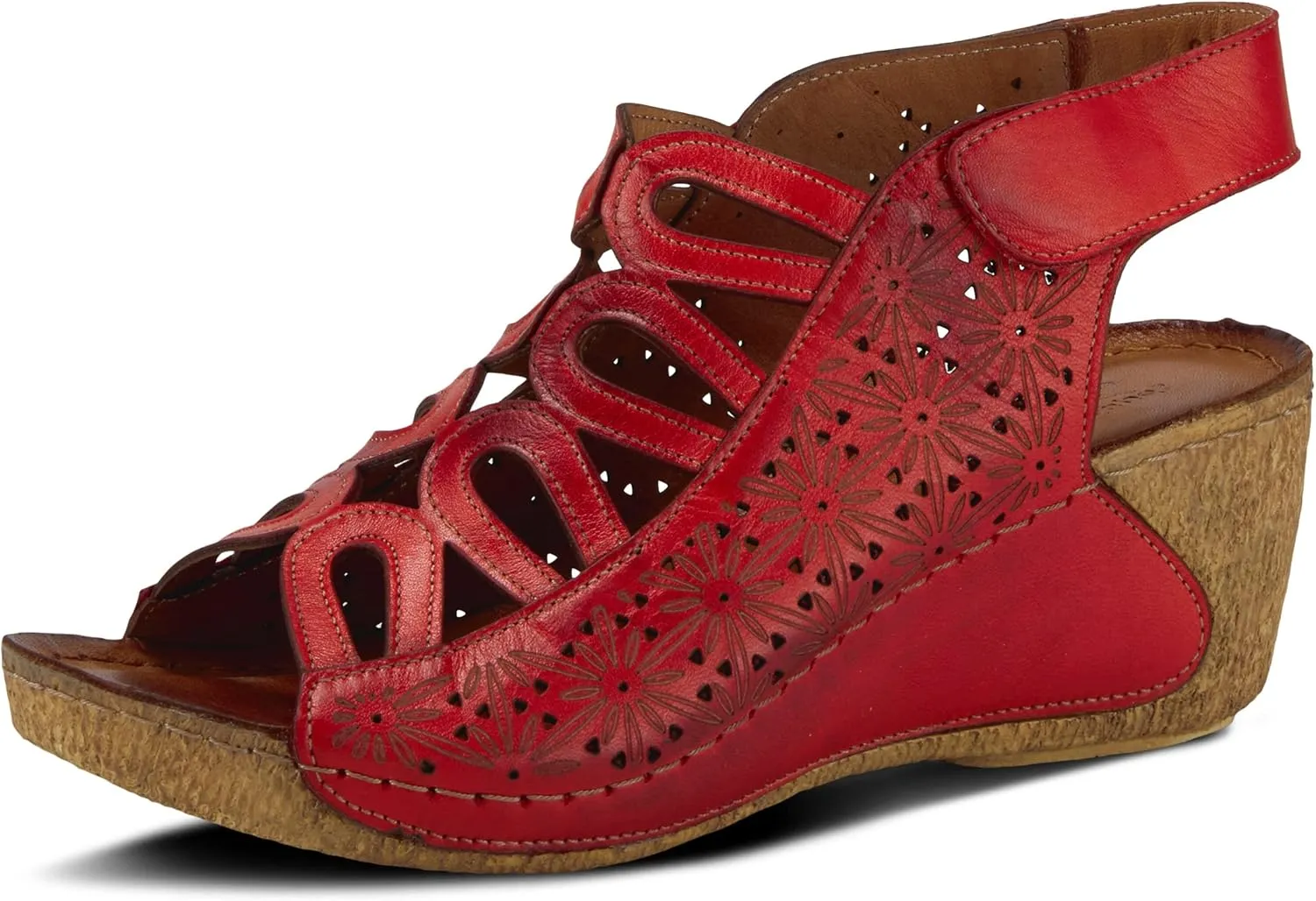 Spring Step Inocencia Women's Leather Wedge Sandals | Low Heel Sandals for Women with Floral Laser Cut Design, Hook and Loop Strap, Mediterranean Style