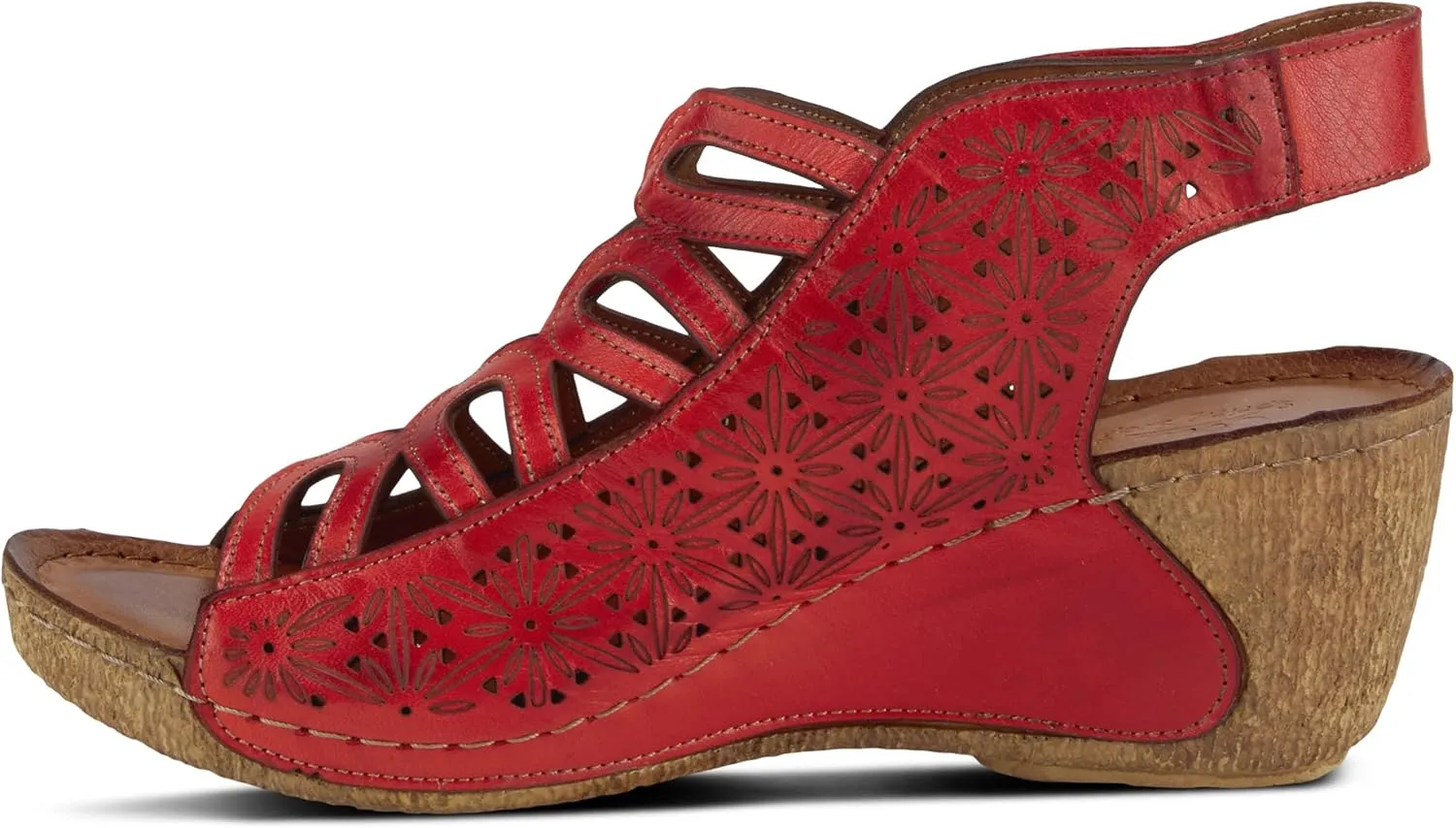 Spring Step Inocencia Women's Leather Wedge Sandals | Low Heel Sandals for Women with Floral Laser Cut Design, Hook and Loop Strap, Mediterranean Style