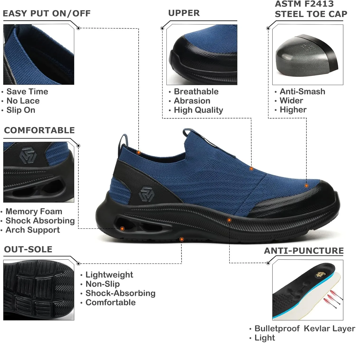 Steel Toe Shoes Men Lightweight Comfortable Work Shoes Slip On Safety Shoe Walking Sneakers Puncture Proof Loafers