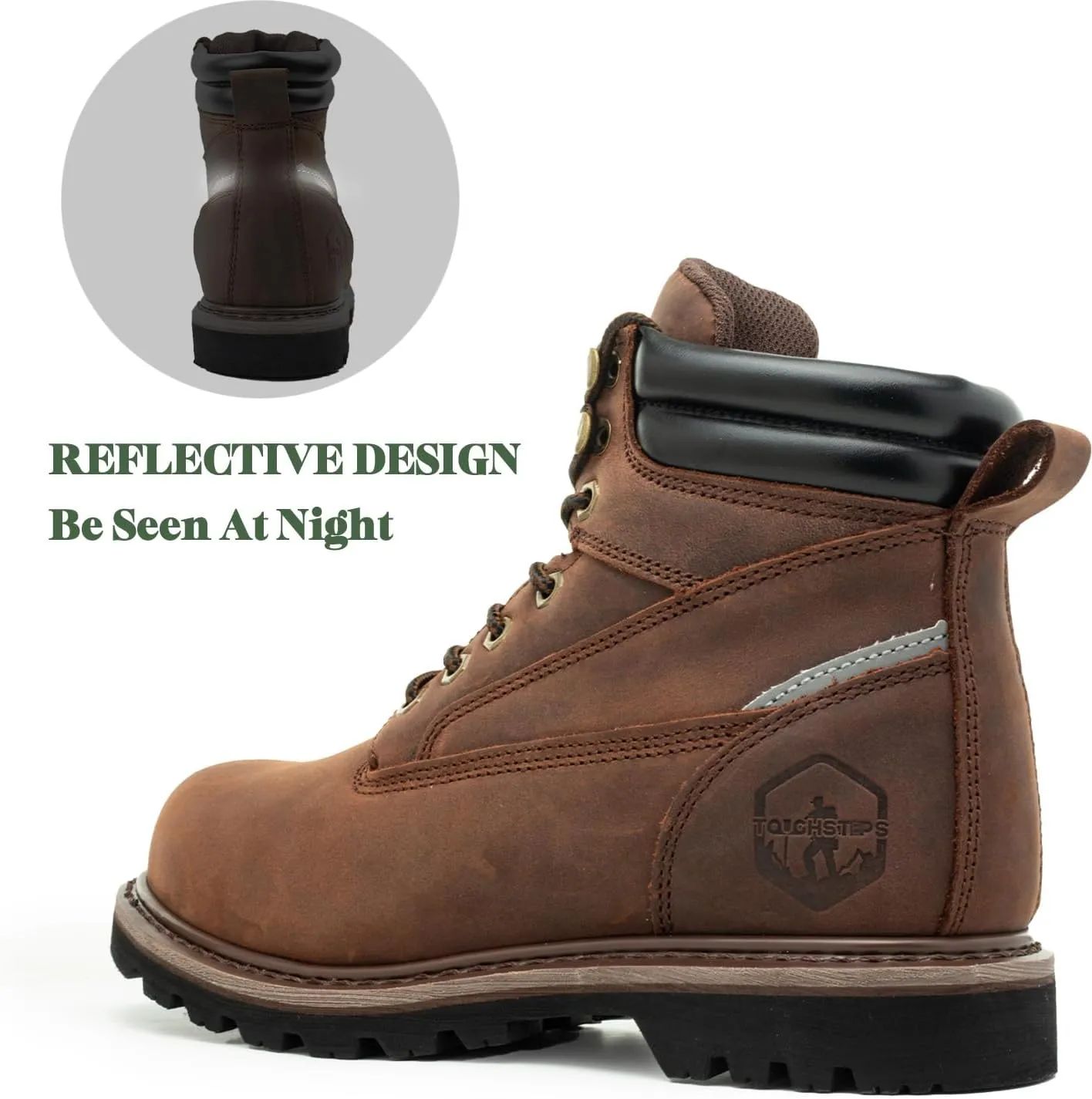 Steel Toe Work Boots for Men Non Slip Comfortable Black/Brown Leather Rubber Industrial & Construction Boots