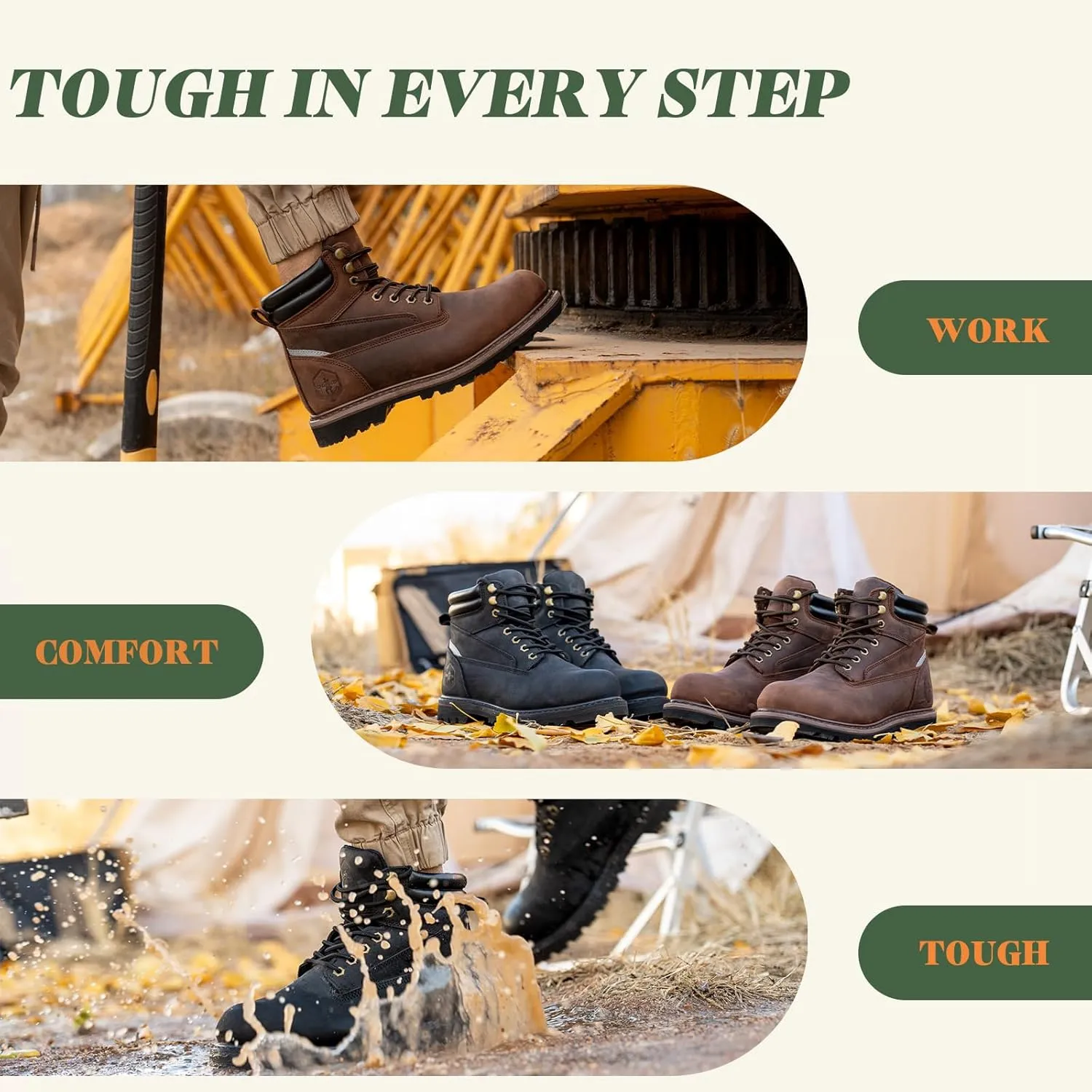 Steel Toe Work Boots for Men Non Slip Comfortable Black/Brown Leather Rubber Industrial & Construction Boots