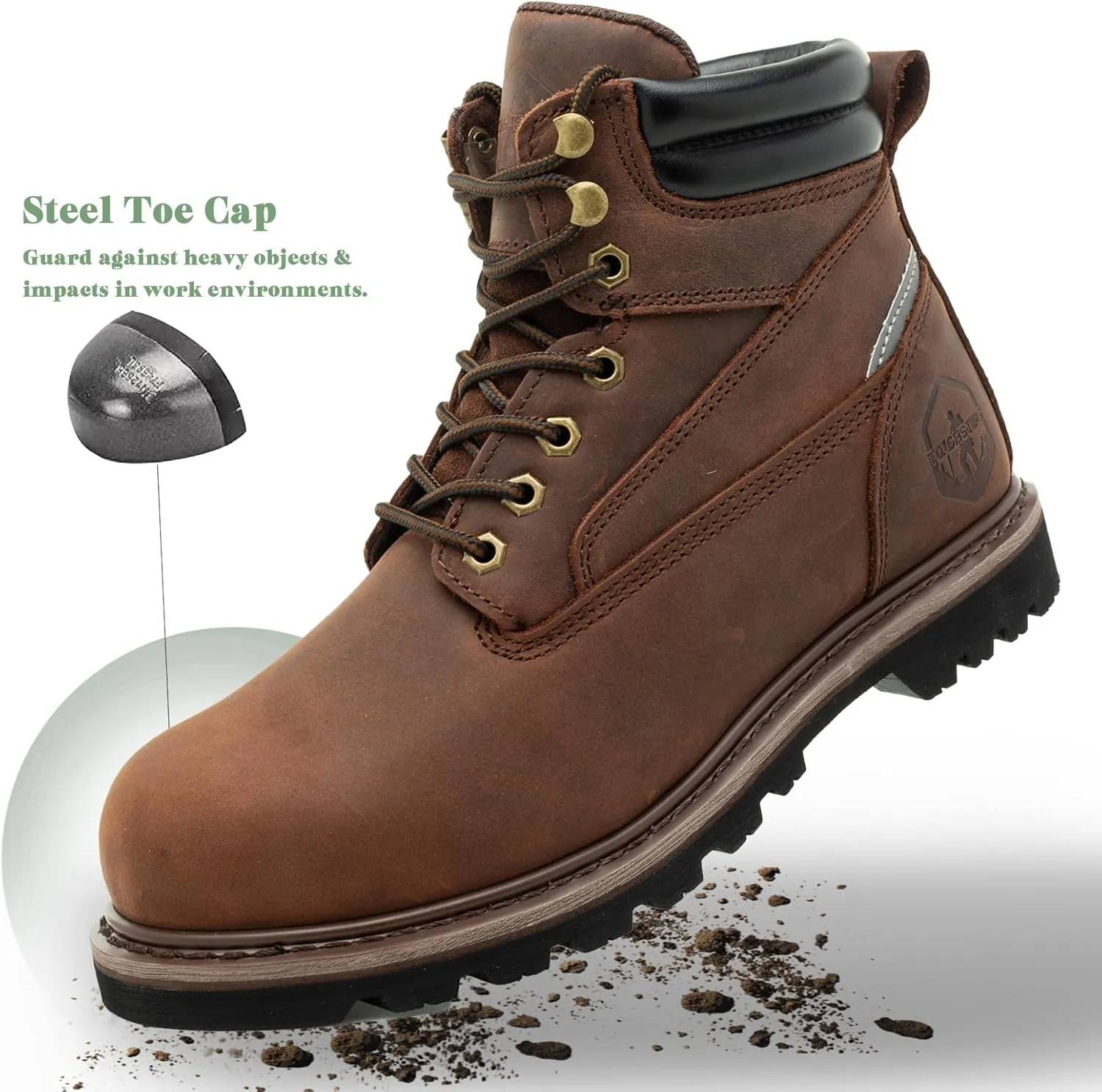 Steel Toe Work Boots for Men Non Slip Comfortable Black/Brown Leather Rubber Industrial & Construction Boots