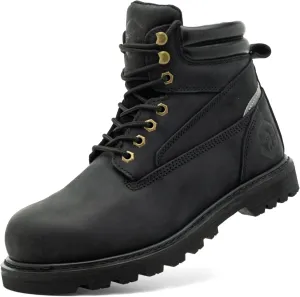 Steel Toe Work Boots for Men Non Slip Comfortable Black/Brown Leather Rubber Industrial & Construction Boots