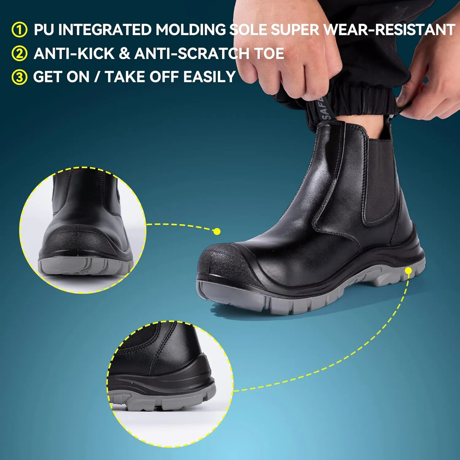 Steel Toe Work Boots for Men Slip-on Chelsea Boot, Men's Industrial & Construction Shoes, Waterproof, Lightweight, Comfortable, Non-slip Safety Shoes, Black, 10.5