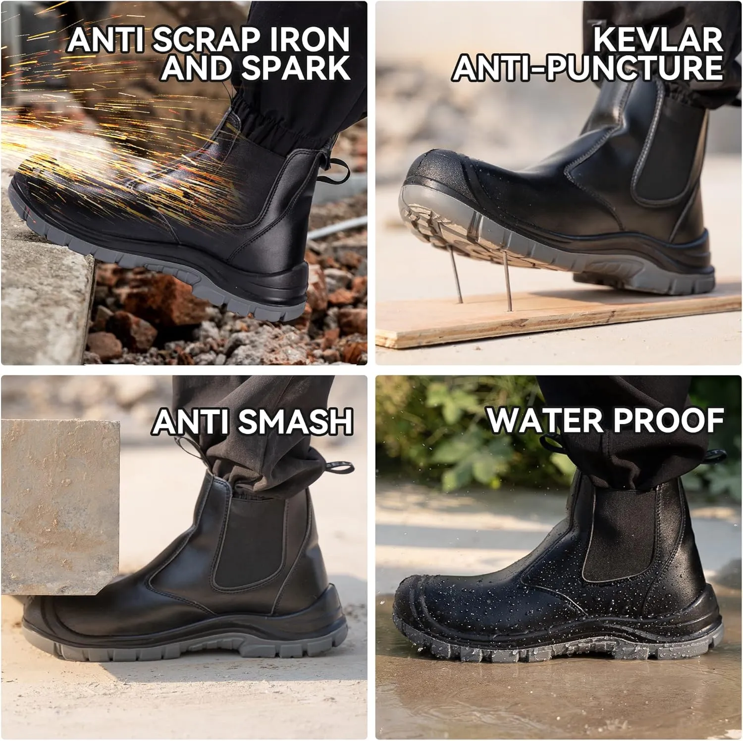 Steel Toe Work Boots for Men Slip-on Chelsea Boot, Men's Industrial & Construction Shoes, Waterproof, Lightweight, Comfortable, Non-slip Safety Shoes, Black, 10.5