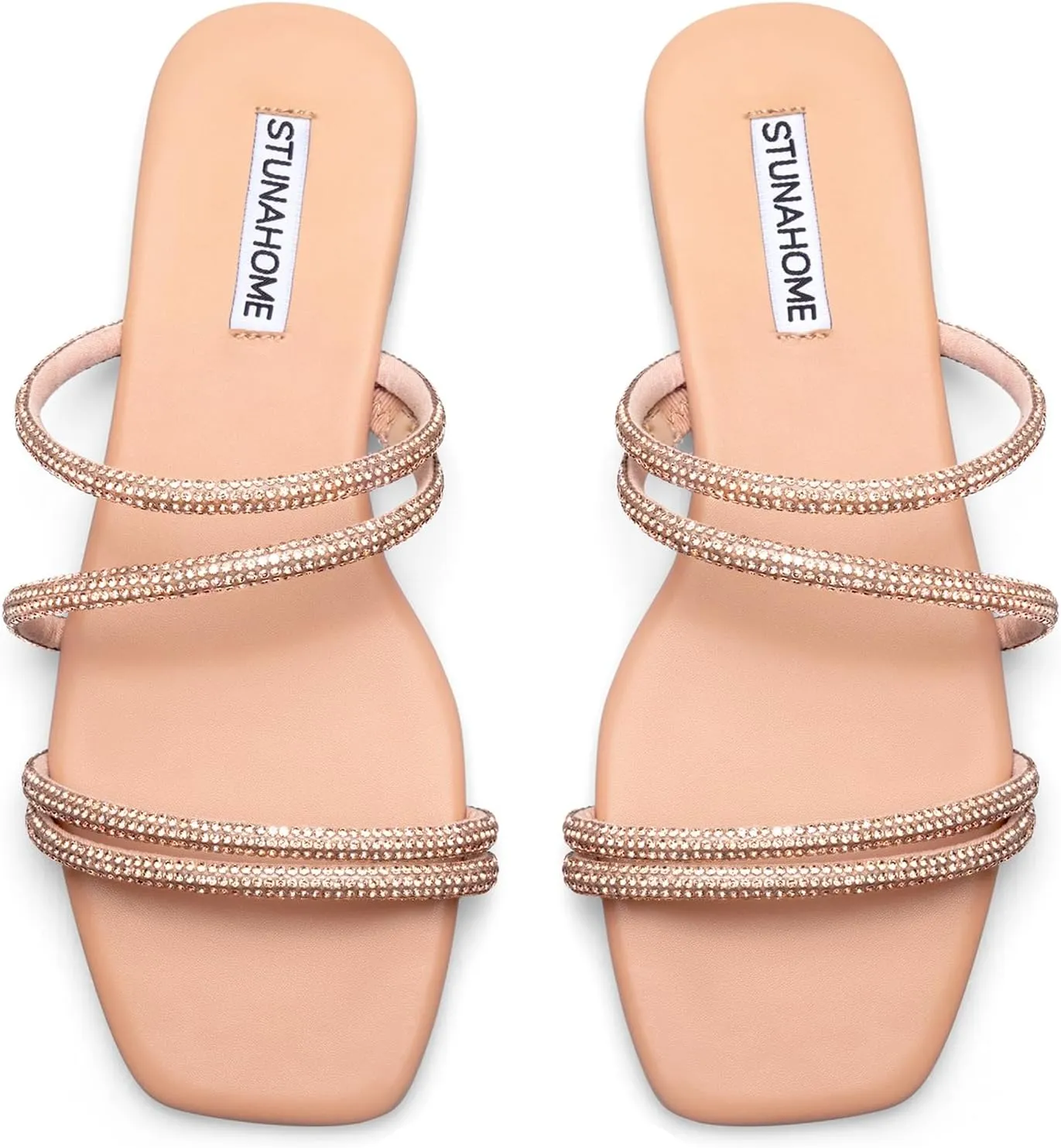 STUNAHOME Women's Rhinestone Thong Flat Sandals Open Toe Slide Sandals with Square Toe Bling Strap