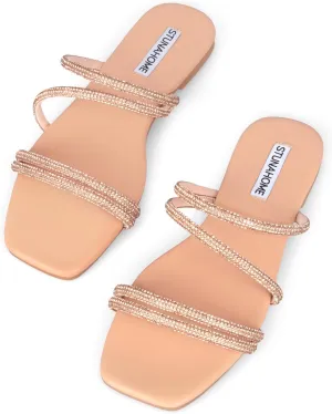 STUNAHOME Women's Rhinestone Thong Flat Sandals Open Toe Slide Sandals with Square Toe Bling Strap