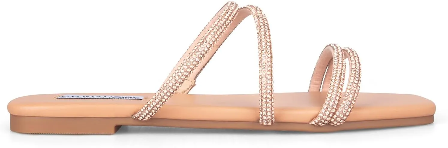 STUNAHOME Women's Rhinestone Thong Flat Sandals Open Toe Slide Sandals with Square Toe Bling Strap