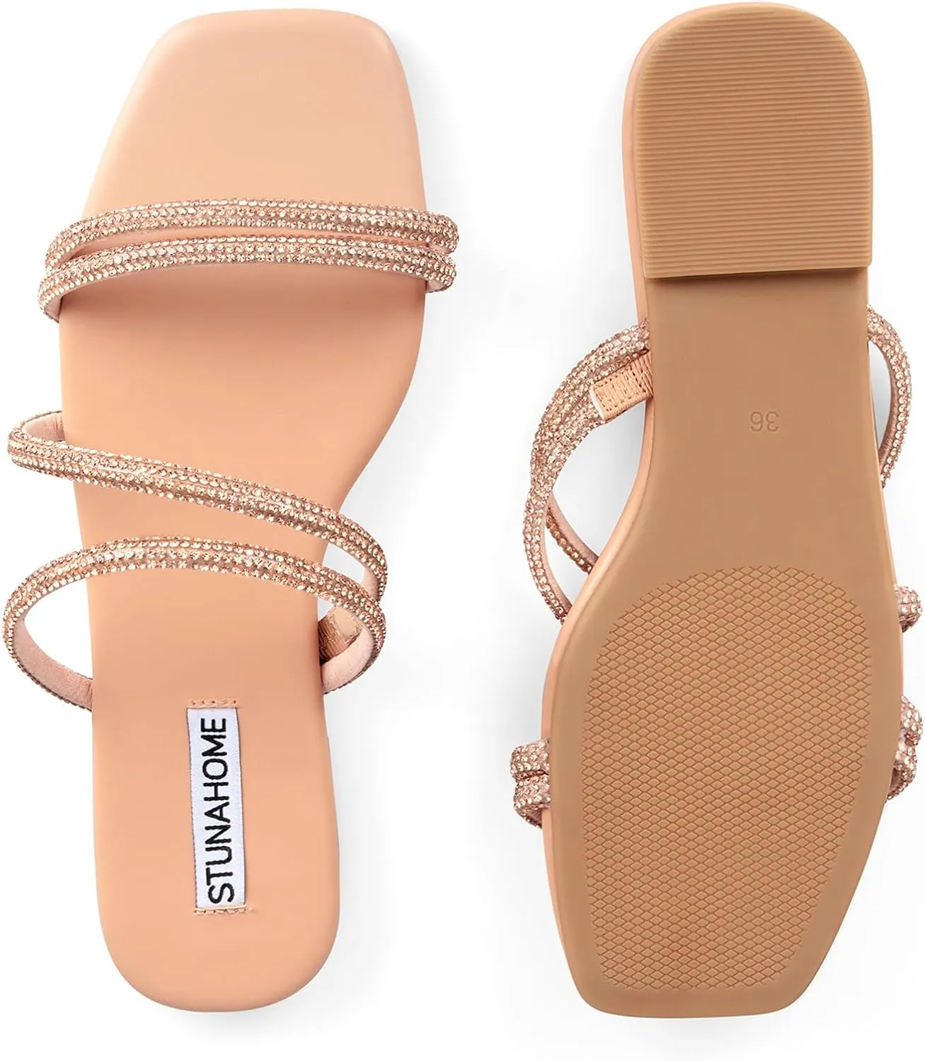 STUNAHOME Women's Rhinestone Thong Flat Sandals Open Toe Slide Sandals with Square Toe Bling Strap
